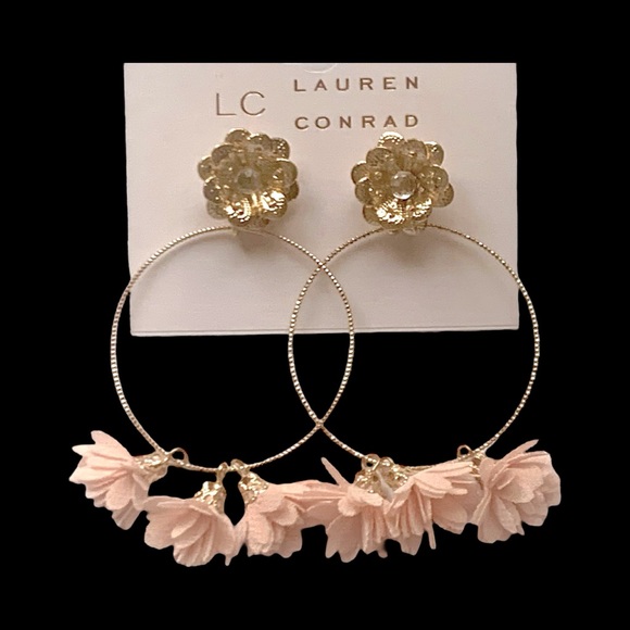 LC Lauren Conrad Jewelry - LC Lauren Conrad Gold Hoop Earrings with Pink Floral Accents NWT